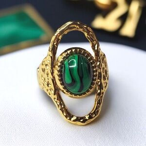 18k Gold Plated Hammered Malachite Cabochon Ring